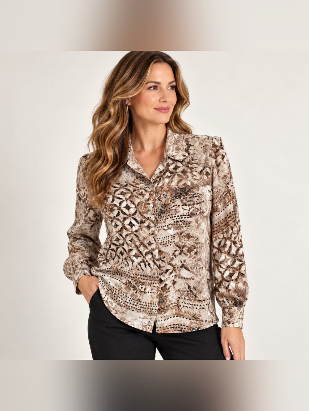 Allison Daley Petites 8P Animal Print Blouse Brown Cream Shoulder Pads